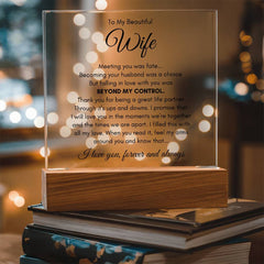 Square acrylic plaque with a heartfelt romantic message for a wife, displayed on a wooden base with warm ambient lighting, ideal as a sentimental gift.
