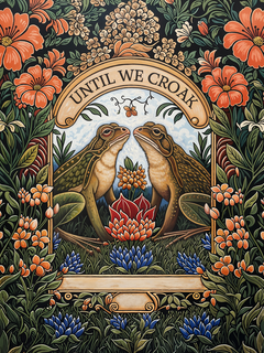Detailed artistic illustration of two frogs facing each other surrounded by vibrant orange, blue, and green flowers and foliage, with a banner above reading "Until We Croak.