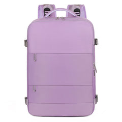 Light purple large travel backpack for women with a sleek rectangular design, padded straps, and multiple zippered compartments including a front pocket and side clasps.