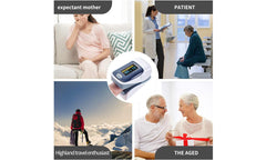 Collage showing the fingertip pulse oximeter used for different people including a pregnant woman, a patient at a clinic, a mountain climber, and an elderly couple exchanging a gift.