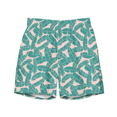Men's board shorts with a tropical leaf pattern in teal and light pink, featuring a comfortable elastic waistband and relaxed fit ideal for beach and casual wear.