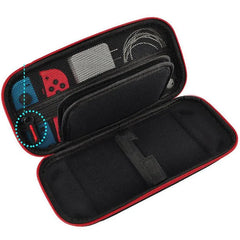 Open black and red shockproof carrying case designed for handheld gaming consoles, showing compartments for accessories and a secure strap for console storage.