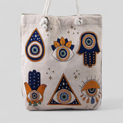 Authentic Kilim Fabric Purse with Rope Handles, Turkish Carpet, Beach Bag, Tote, Reusable Shopping Bag -- Evil Eye Pattern