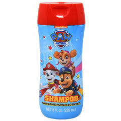 Blue and red bottle of children’s shampoo featuring Paw Patrol characters, labeled with a playful design and fresh punch scent for a fun bath time experience.