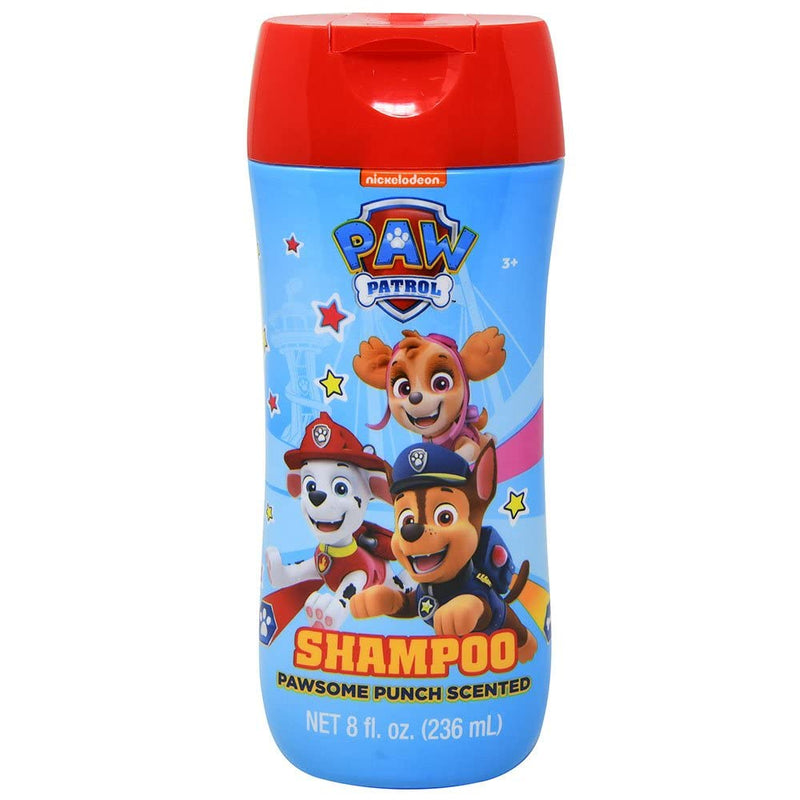 Blue and red bottle of children’s shampoo featuring Paw Patrol characters, labeled with a playful design and fresh punch scent for a fun bath time experience.