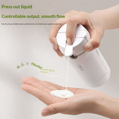 Hand dispensing smooth liquid from a white portable travel toiletry bottle with controlled flow and leak-proof design against a neutral background.