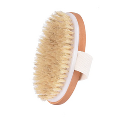 Oval bath brush with light natural bristles, wooden base, and fabric strap for easy grip, designed for exfoliating and smoothing skin during shower routines.