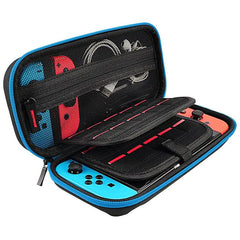 Open travel case with shockproof padding holding a handheld gaming console with red and blue controllers, featuring mesh compartments for cables and accessories.