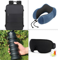 Collage showing a black large travel backpack, a blue memory foam neck pillow, a collapsible black water bottle held outdoors, and a black sleep mask with colorful earplugs beside it.