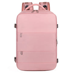 Soft pink travel backpack for women with multiple compartments, adjustable straps, and a sleek design ideal for carry-on and daily use.