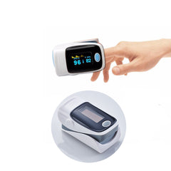 Pulse oximeter clipped on a finger showing oxygen saturation and pulse rate on a bright LED display, with a close-up of the compact device beside it.