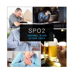 Collage showing individuals experiencing discomfort or fatigue, including a man resting on a wheelchair, a person working late on a laptop, a person clutching their chest, and a close-up of a hand holding a beer glass, with a central text overlay reading "SPO2 Abnormal Blood Oxygen Index.