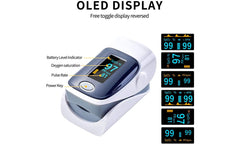 Compact fingertip pulse oximeter with bright OLED display showing oxygen saturation, pulse rate, and battery level, suitable for health and fitness monitoring.
