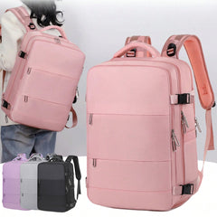Large pink travel backpack with padded shoulder straps, multiple zippered compartments, and side buckles, shown in various colors including black, gray, and lavender.