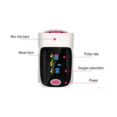 Pulse oximeter with LED display showing pulse rate, oxygen saturation, waveform, and power button, featuring non-slip bars for secure fingertip placement.