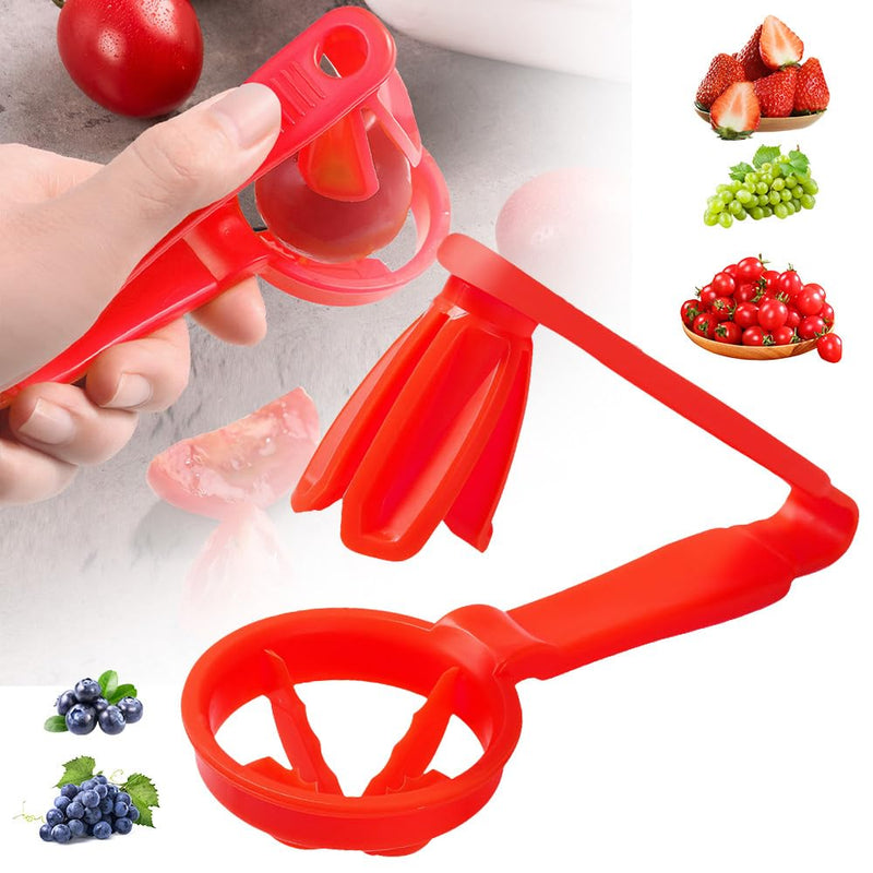 Red handheld fruit slicer quartering a grape, demonstrating safe one-handed slicing for toddler snacks and meal prep with images of fresh strawberries, grapes, and cherry tomatoes nearby.