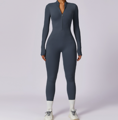 Women's high elastic zipper yoga jumpsuit – front view full length