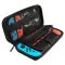 Open retro game console travel case with multiple compartments organizing handheld consoles and accessories, shown in a durable, shockproof black carrying bag.