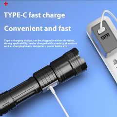Black high-performance flashlight connected to a power strip via a white Type-C fast charging cable on a blue background, highlighting convenient and versatile charging.