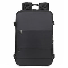 Sleek black large travel backpack designed for women, featuring a structured carry-on shape with multiple compartments including a laptop sleeve and USB port.