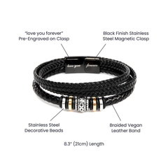 Black braided vegan leather bracelet with stainless steel decorative beads and a black magnetic clasp engraved with "love you forever" on the clasp.
