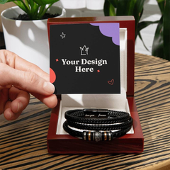 Black braided leather bracelet with engraved "love you forever" message displayed in a polished wooden gift box, accompanied by a customizable design card.